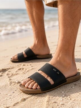 Reefs Men’s Black Double Strap Slide Sandals Cushioned Footbed Casual